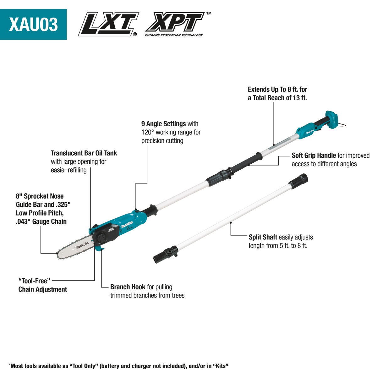 Makita XAU03Z 18V LXT Lithium-Ion Brushless Cordless 8 Inch Extendable Articulating Pole Saw shown fully extended with guide bar, chain, and split shaft for overhead tree trimming in outdoor property maintenance work