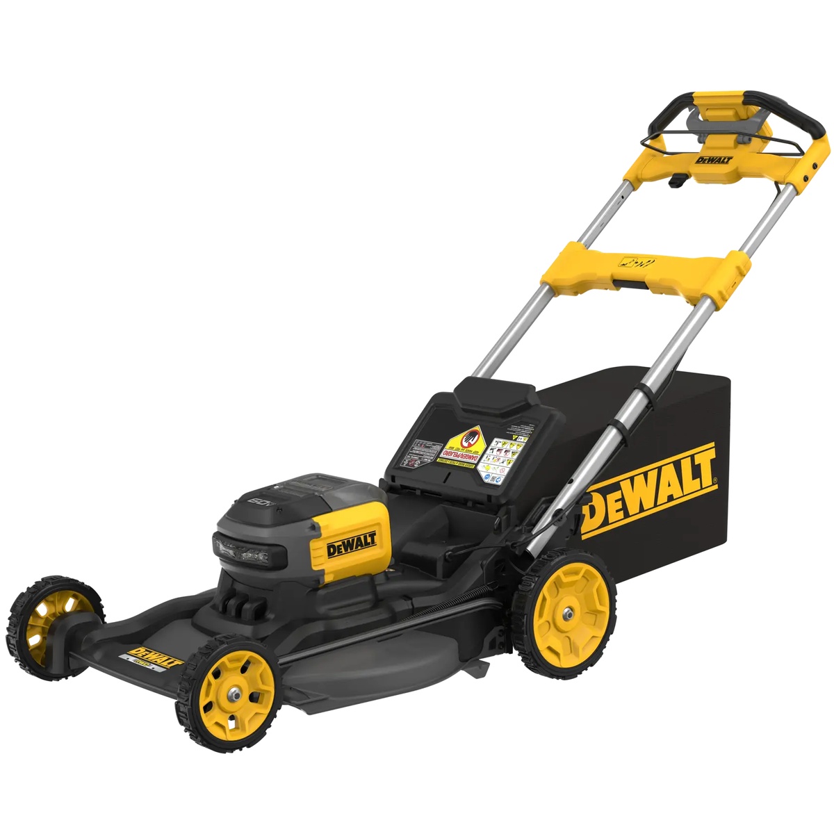 DEWALT 60V MAX 21-in. Brushless Cordless RWD Self-Propelled Lawn Mower Kit shown folded with bag attached for garage storage and residential lawn care setup