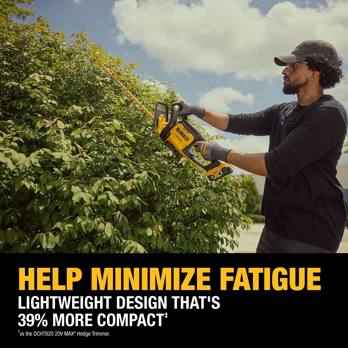 DEWALT 20V MAX 22-in. Cordless Hedge Trimmer Kit being used to shape a tall hedge outdoors, showing overhead reach and compact handling during landscape trimming