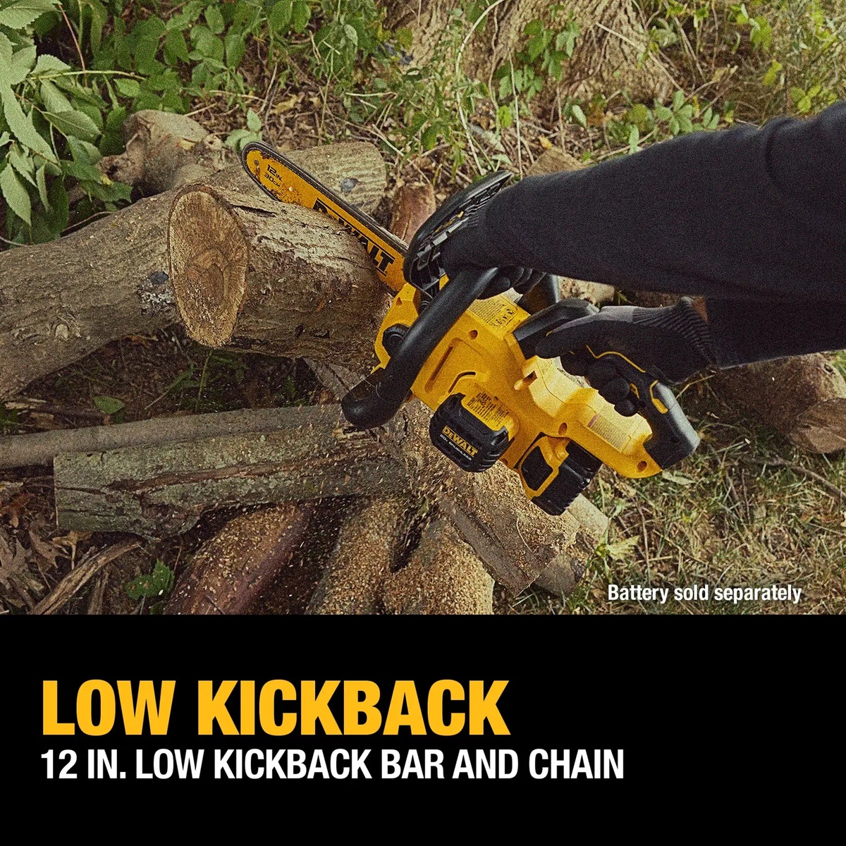 DeWALT DCCS621B 20V MAX Compact 12 in. Brushless Cordless Chainsaw cutting through a tree limb during outdoor cleanup work on the ground