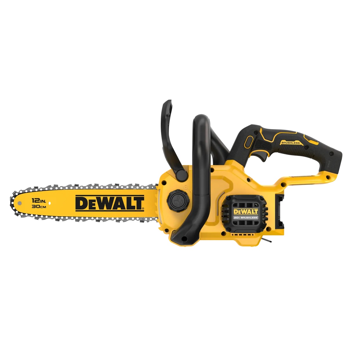 DeWALT DCCS621B 20V MAX Compact 12 in. Brushless Cordless Chainsaw side profile showing guard, handle layout, and compact bar for controlled cutting