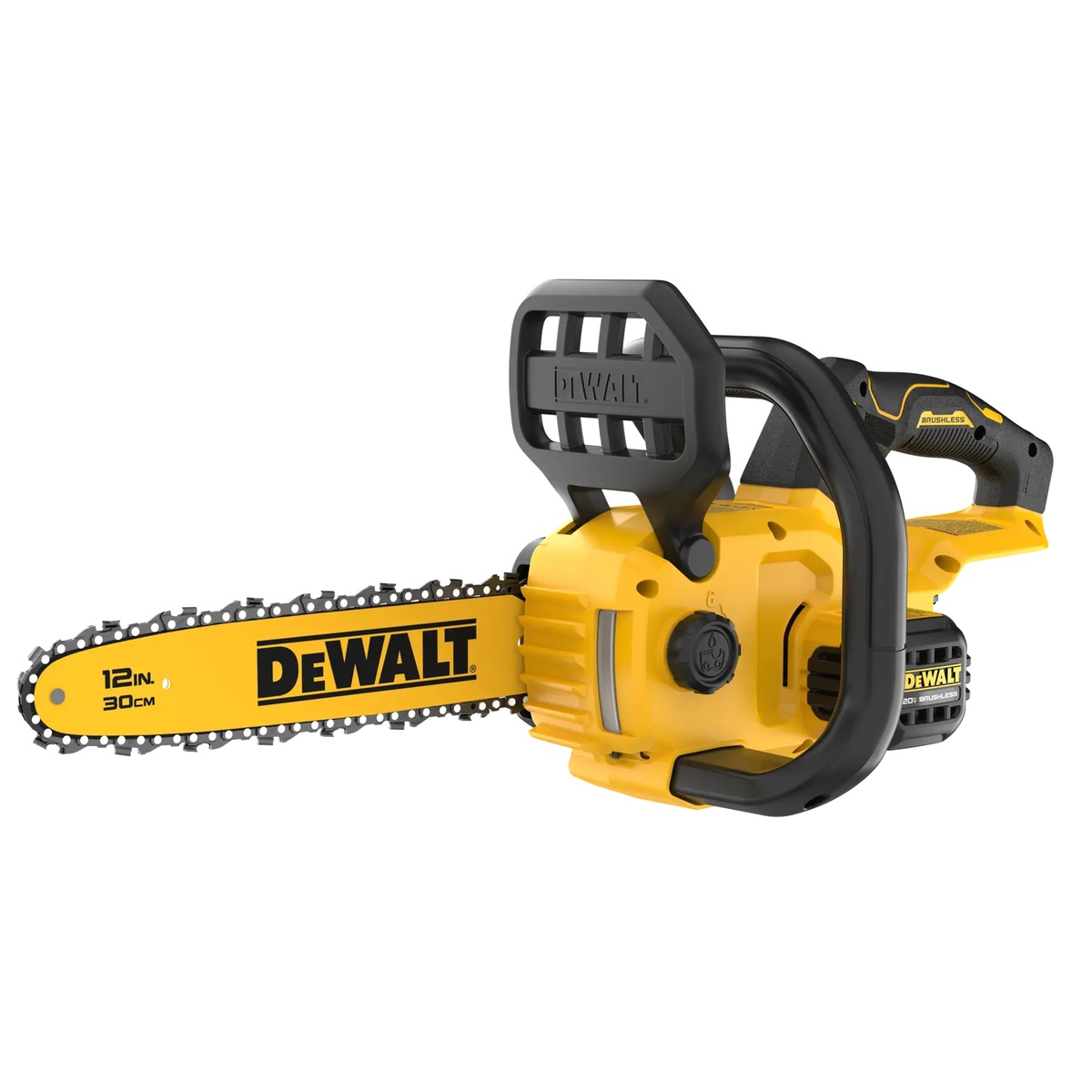 DeWALT DCCS621B 20V MAX Compact 12 in. Brushless Cordless Chainsaw clean product view showing the compact cordless chainsaw body and 12 in. bar