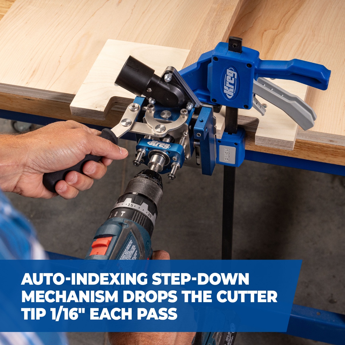 Kreg Tool KLTJ100 MortiseMate Loose Tenon Jig cutting a mortise with a drill on a clamped wood workpiece