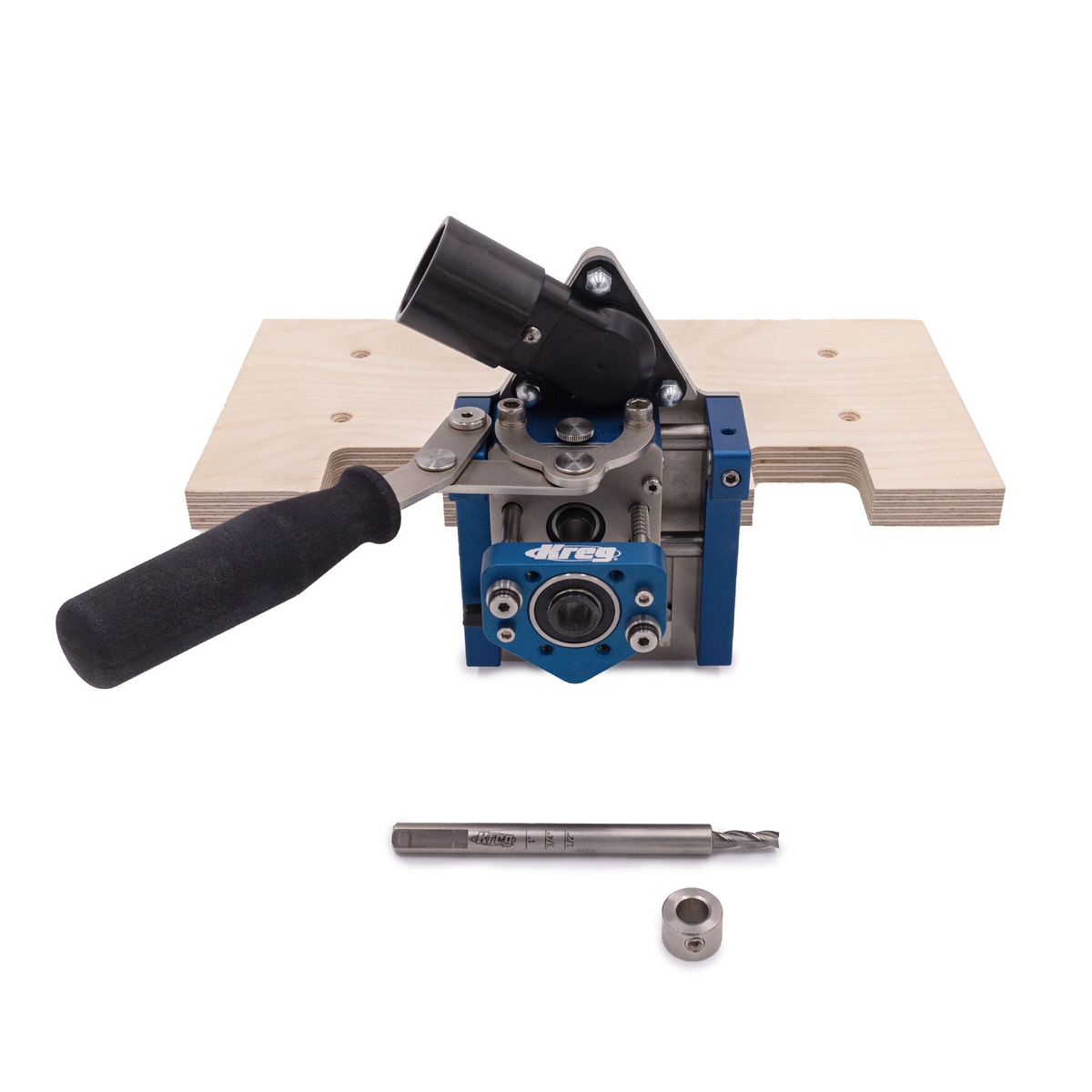 Kreg Tool KLTJ100 MortiseMate Loose Tenon Jig with mini work surface and included 6 mm mortising cutter on a bench
