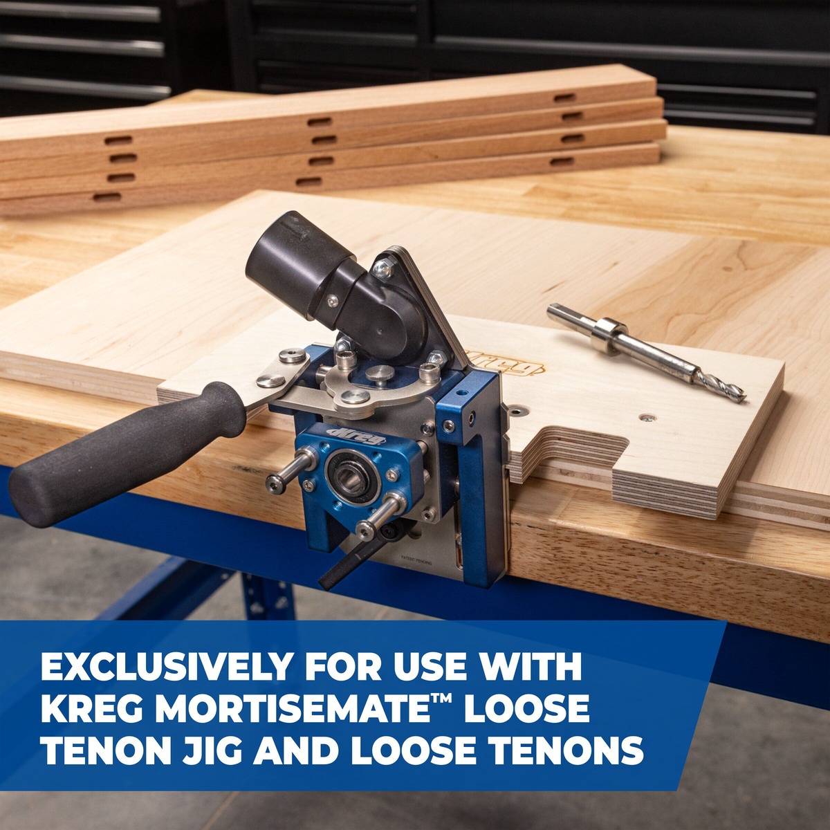 Kreg Tool KLTJC-M08 mortising cutter positioned beside a Kreg MortiseMate loose tenon jig on a woodworking bench during joinery setup