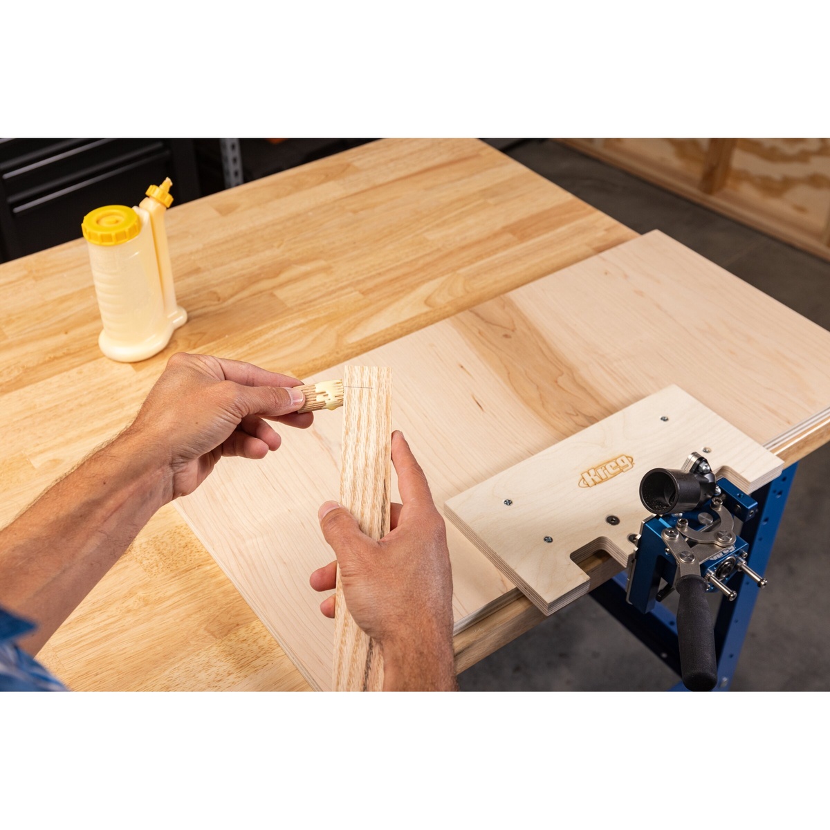 Kreg Tool KT0620-150-75 loose tenons being fitted into a wood board mortise during woodworking setup on a bench