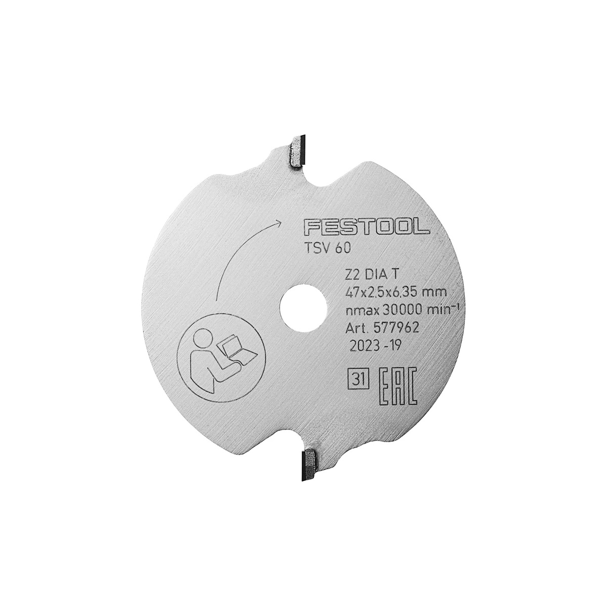 Close-up of the Festool 577962 WOOD FINE CUT SPECIAL DIA 47x2,5x6,35 T2 Scoring Saw Blade showing the two diamond teeth and blade markings