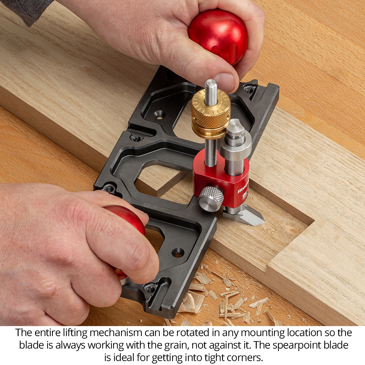 Woodpeckers Router Plane WRP using its spearpoint blade to reach into a tight corner of a wood recess during detail fitting