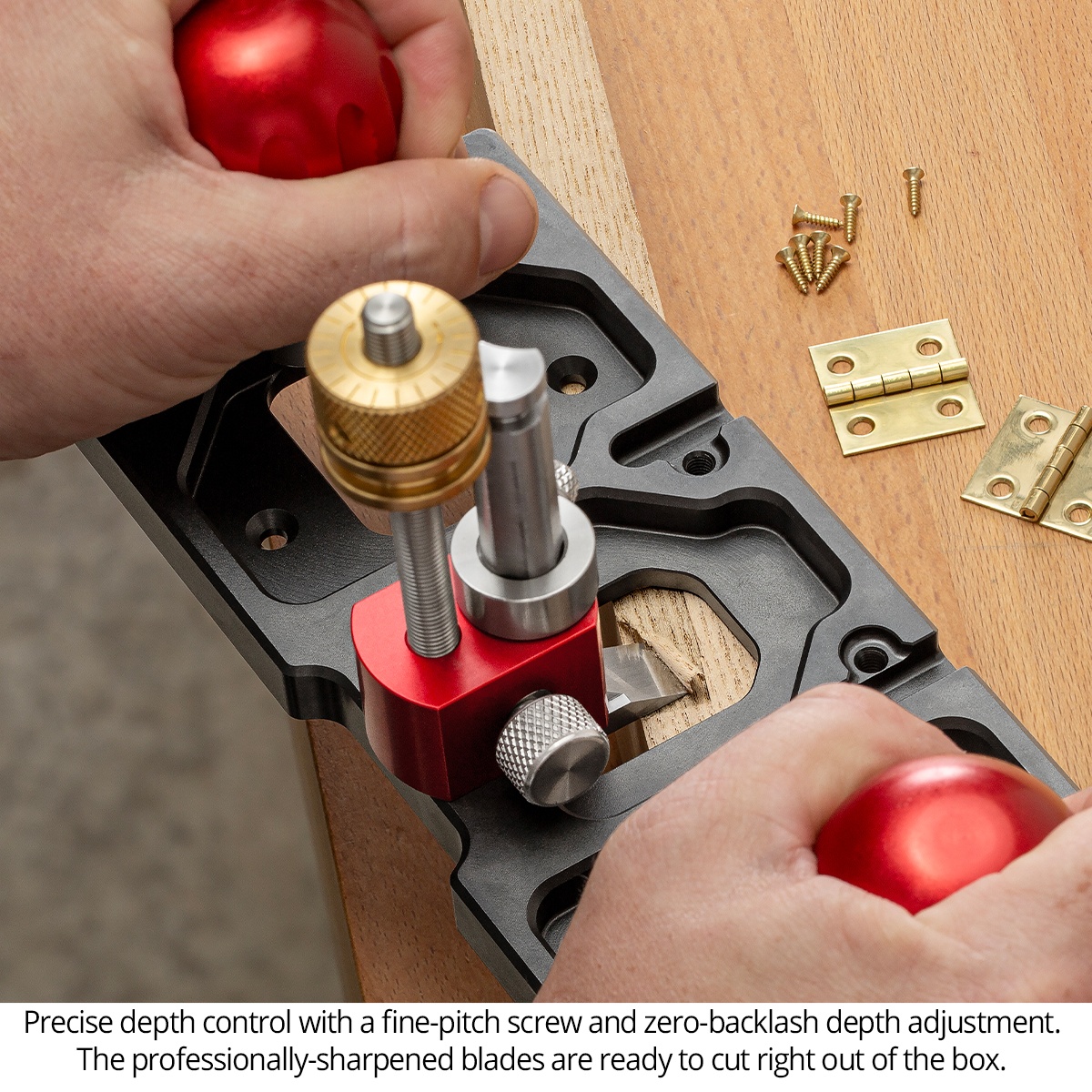 Woodpeckers Router Plane WRP close-up showing fine-pitch depth adjustment while tuning a hinge mortise on a woodworking project