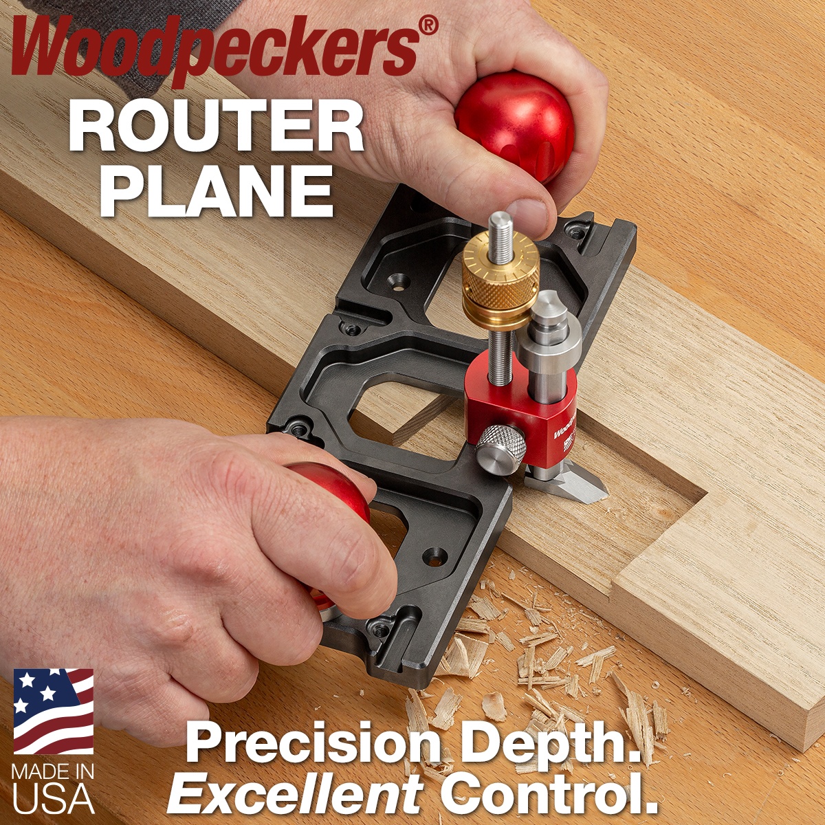 Woodpeckers Router Plane WRP cutting a shallow recess in hardwood on a woodworking bench for precise joinery cleanup