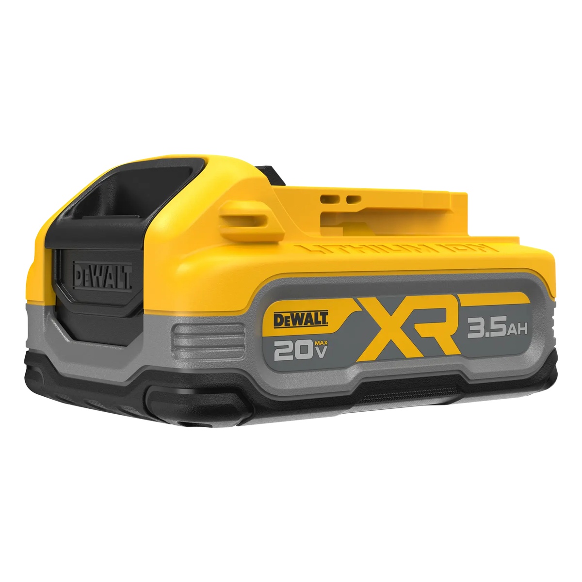 DeWALT DCBP320 20V MAX XR POWERSTACK 3.5Ah Battery side view showing the overmolded base and durable outer housing for repeated jobsite handling
