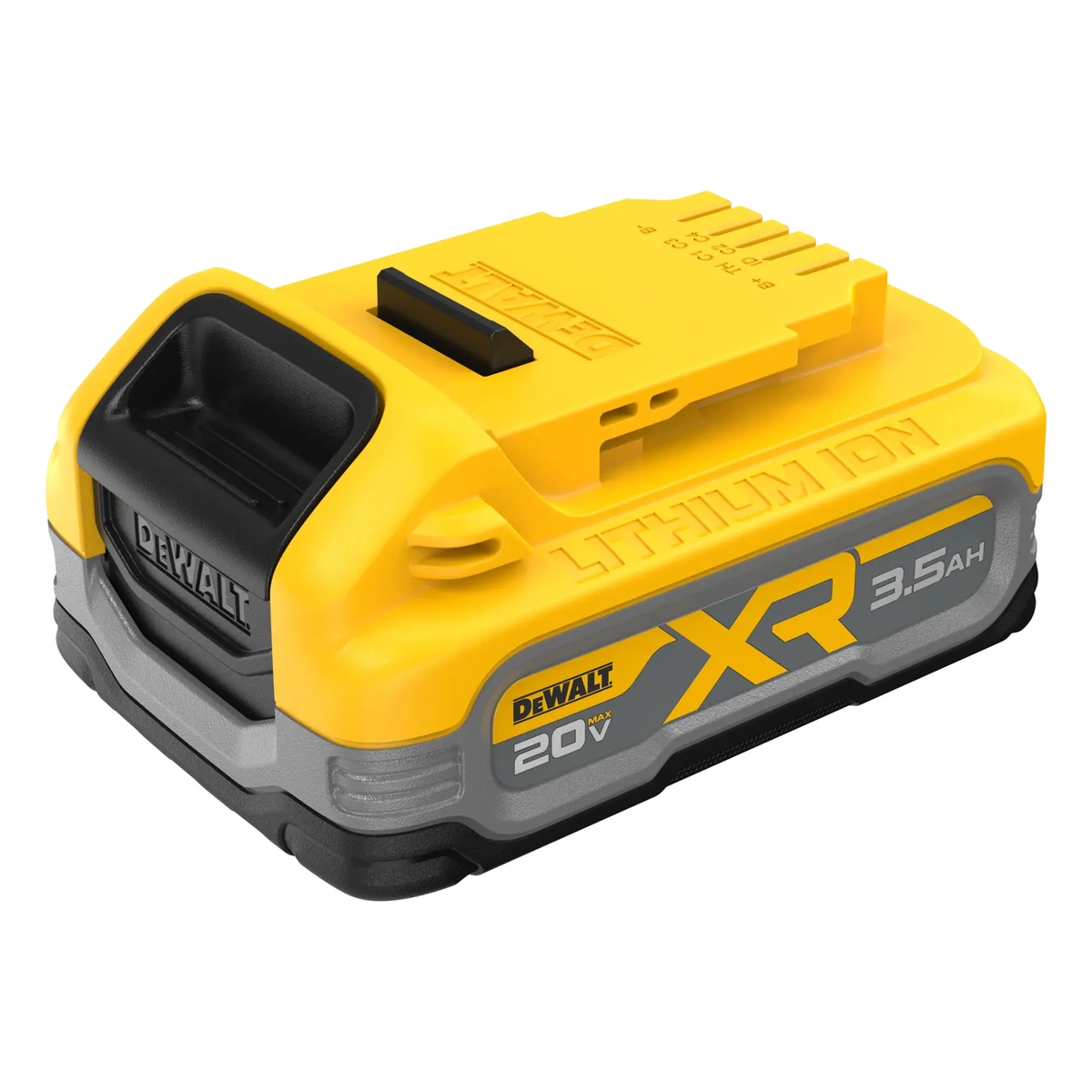 DeWALT DCBP320 20V MAX XR POWERSTACK 3.5Ah Battery shown from an angled top view highlighting the compact housing and slide-on battery interface for cordless tool use on the jobsite