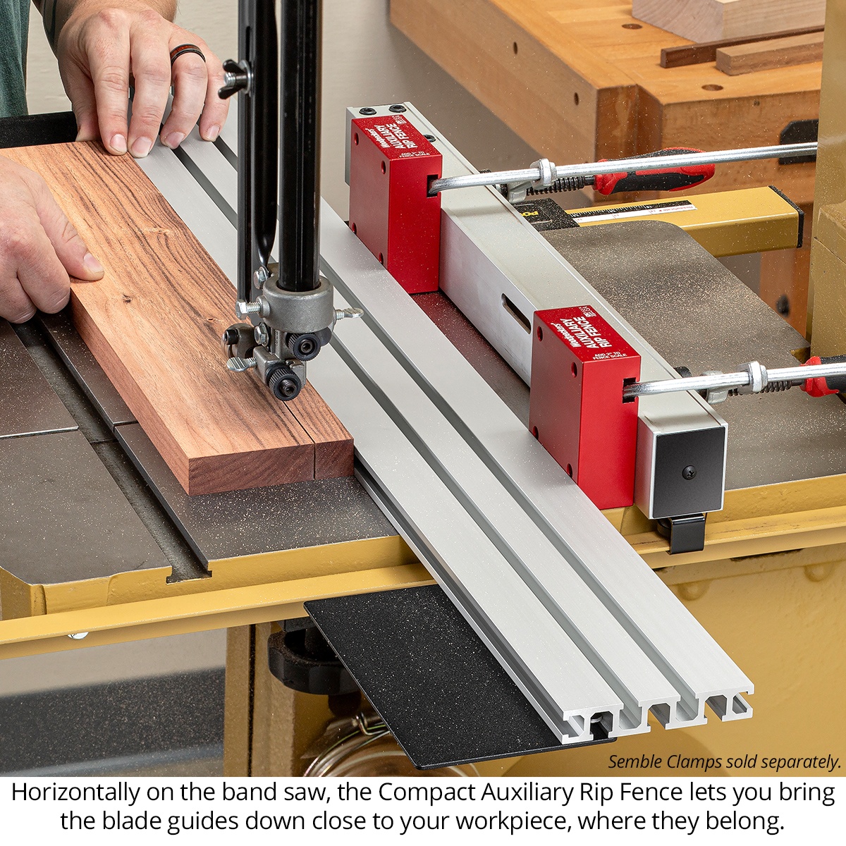 Woodpeckers Compact Auxiliary Rip Fence used horizontally on a band saw with the blade guides lowered close to a wood workpiece