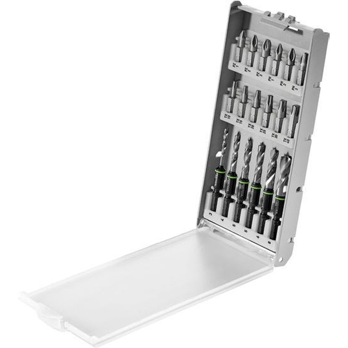 Festool TID 18 Impact Driver + T 18 Drill Driver Combo Kit with BKS SYS3 D3-8 K CE/W F 18-Piece Bit Cassette open bit case with drill bits and driver bits arranged for cabinet and finish work