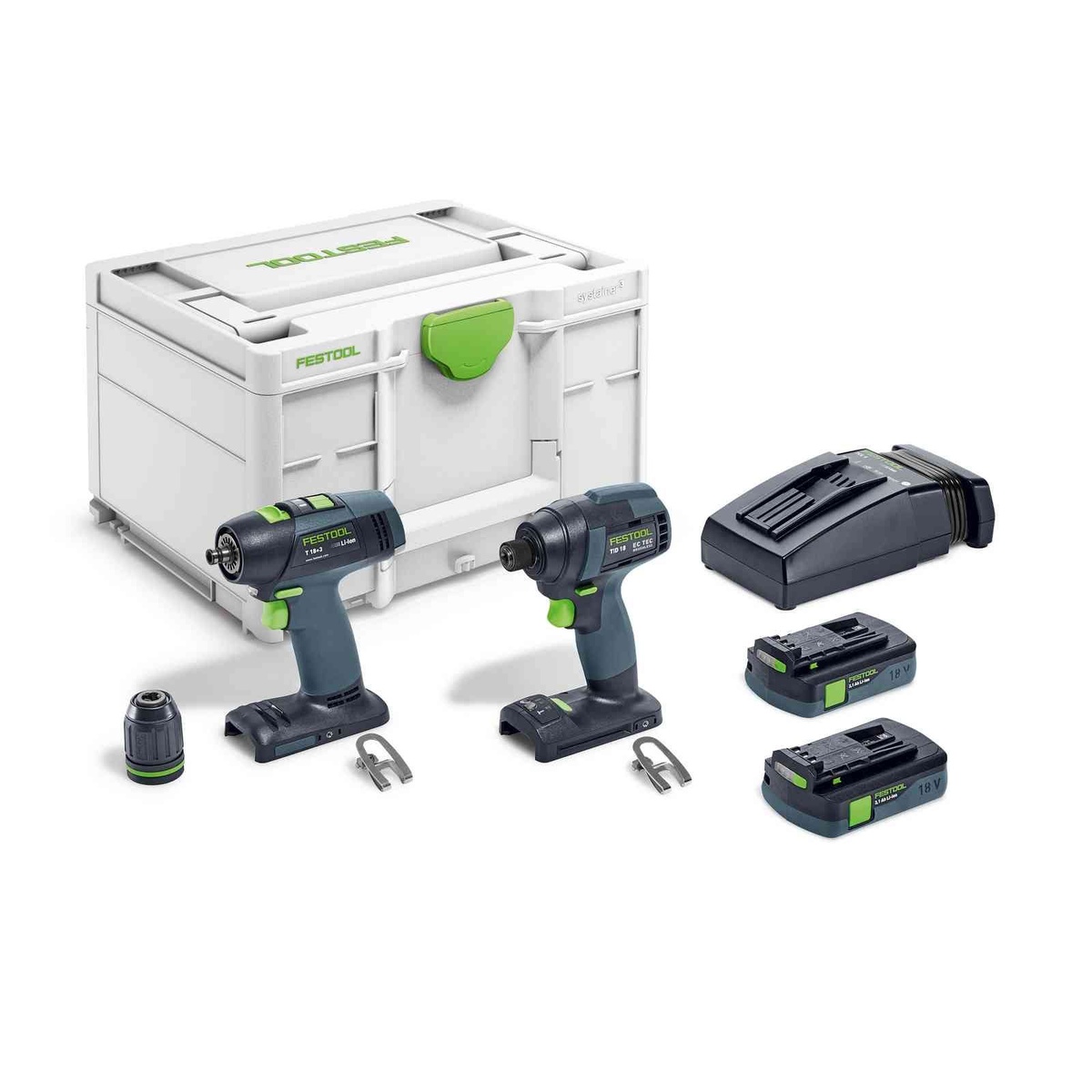 Festool TID 18 Impact Driver + T 18 Drill Driver Combo Kit with BKS SYS3 D3-8 K CE/W F 18-Piece Bit Cassette showing both cordless tools, batteries, charger, chuck, and Systainer storage