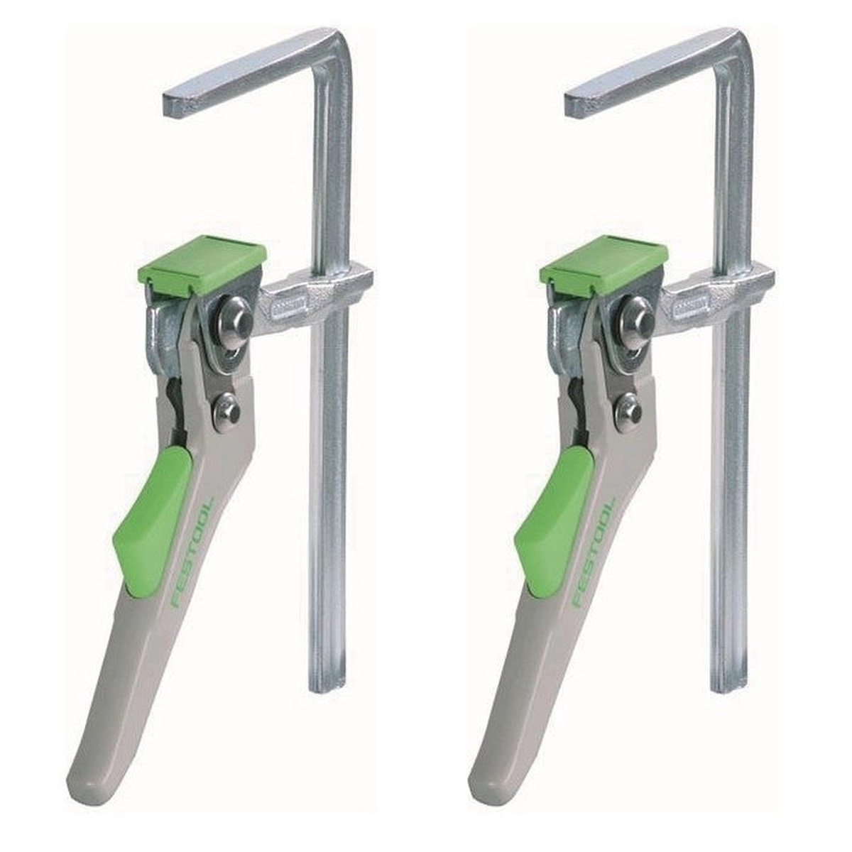 Festool Quick Ratcheting Clamp 6-5/8 inch 2-pack shown as a pair of ratcheting clamps for guide rail and multifunction table workholding in a workshop setup