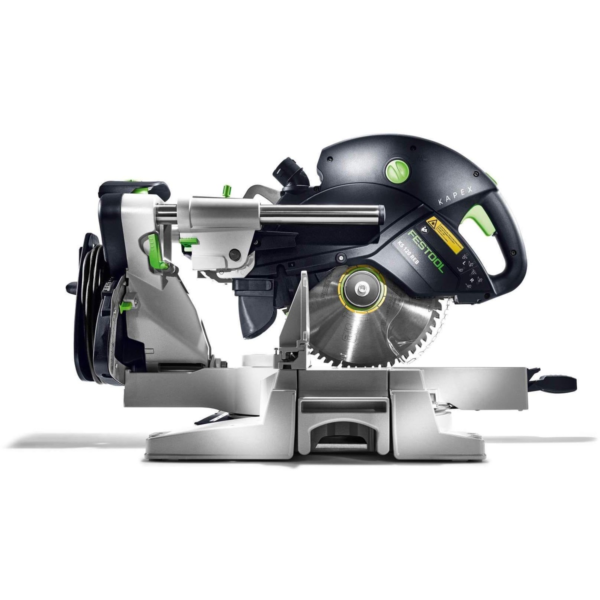 Festool KS 120 REB Kapex Sliding Compound Miter Saw showing the blade, guide system, and front controls used for precise miter and bevel cutting