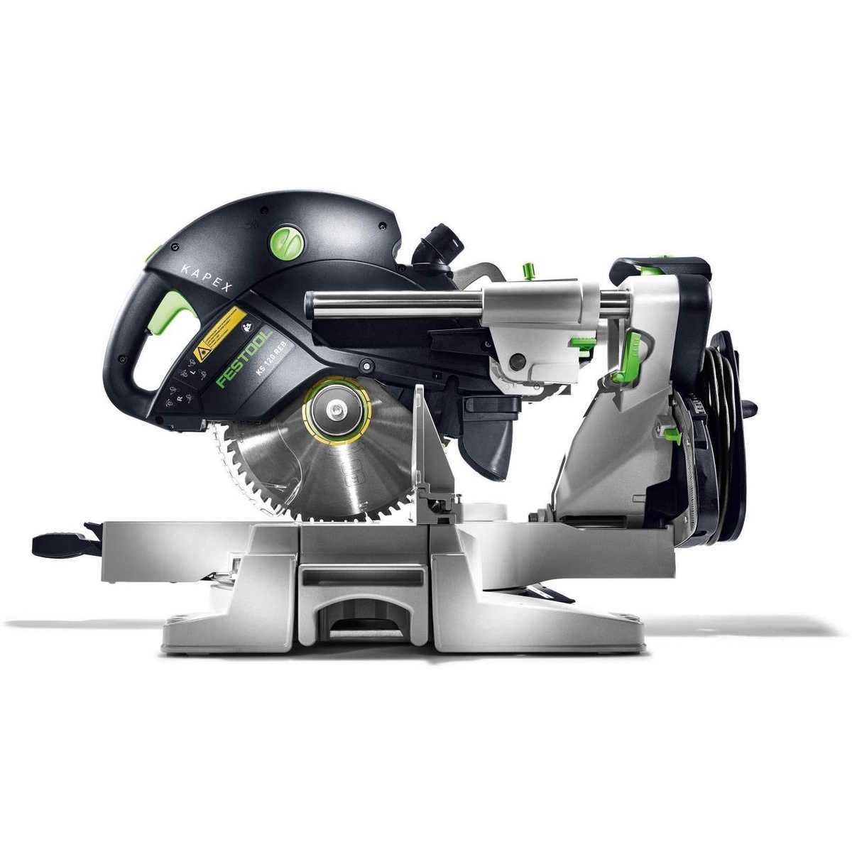 Festool KS 120 REB Kapex Sliding Compound Miter Saw side profile showing the rail-forward design for trim cutting in tight workshop or jobsite spaces