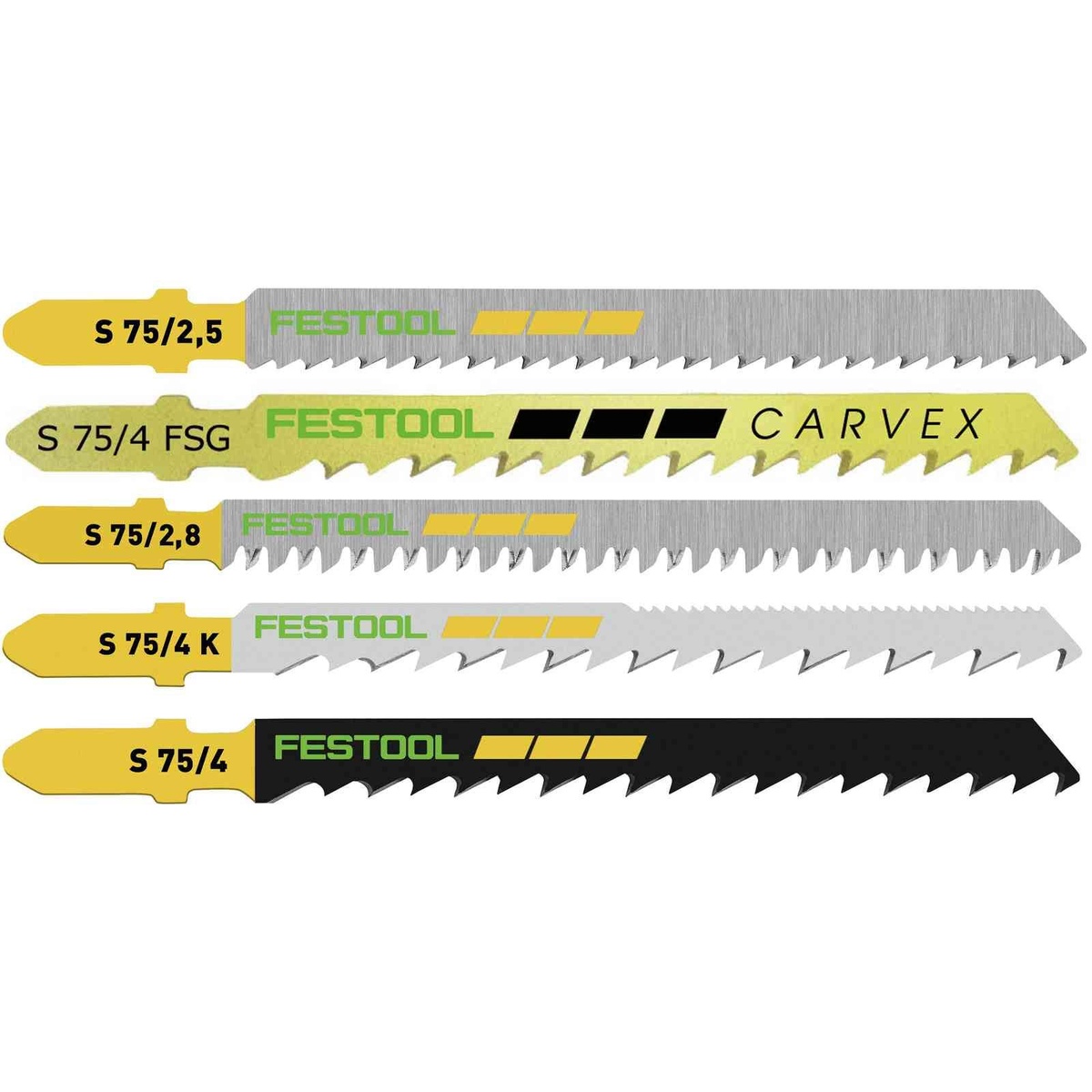 Festool wood-cutting T-shank jigsaw blades from the 25-piece assortment shown close up for straight cuts, fine cuts, and curved cuts