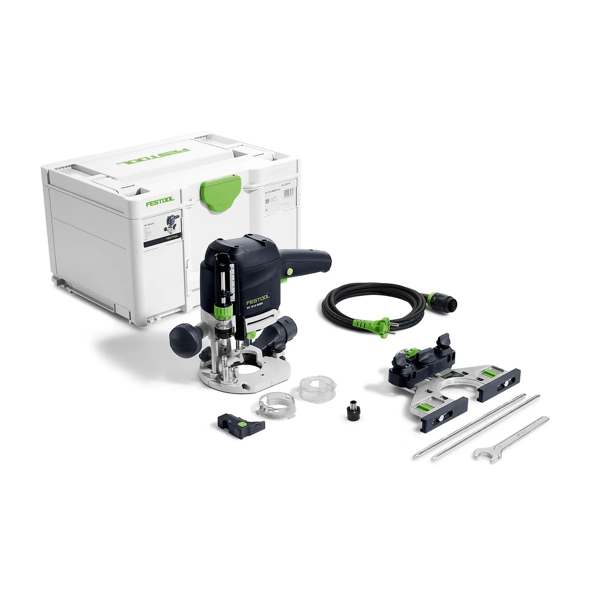 Festool OF 1010 REBQ-Plus Router kit with Systainer, Plug It power cord, edge guide, collets, and light module laid out for transport and organized jobsite storage