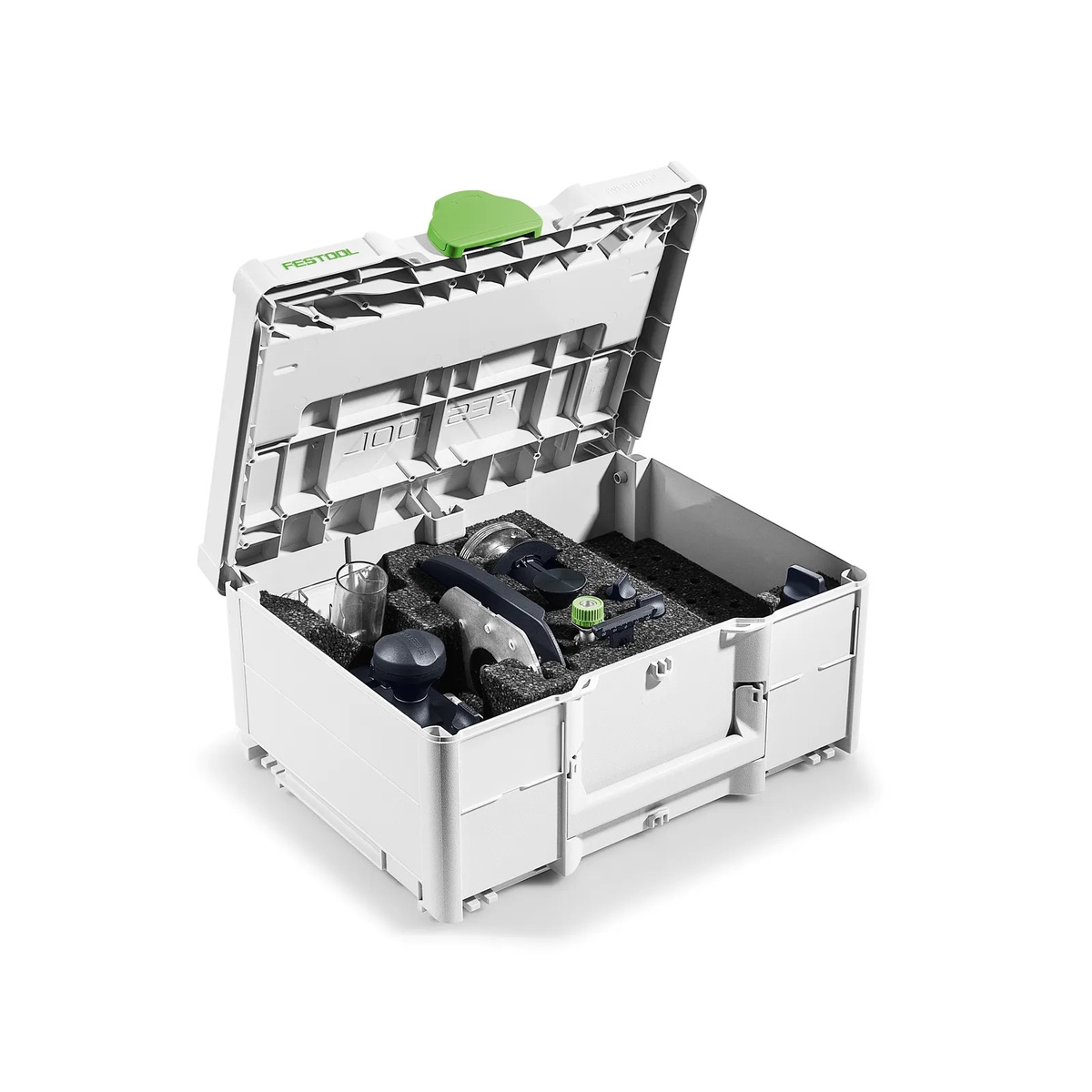 Festool 578046 ZS-OF 1010 M Router Accessory Set stored inside an open Systainer with molded insert keeping parts secure for transport and storage