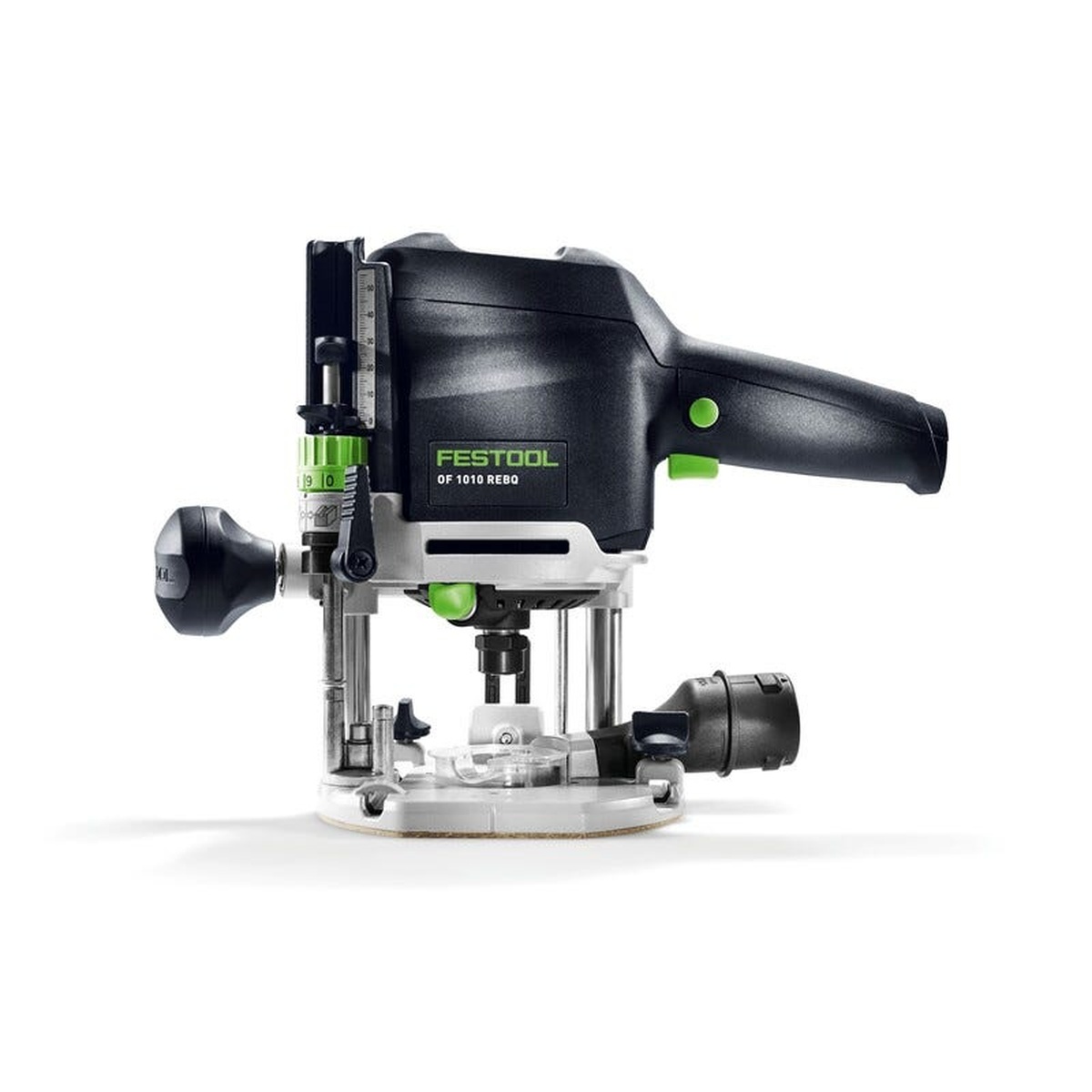 Festool OF 1010 REBQ router side view with plunge columns and fine depth adjustment for precise woodworking cuts