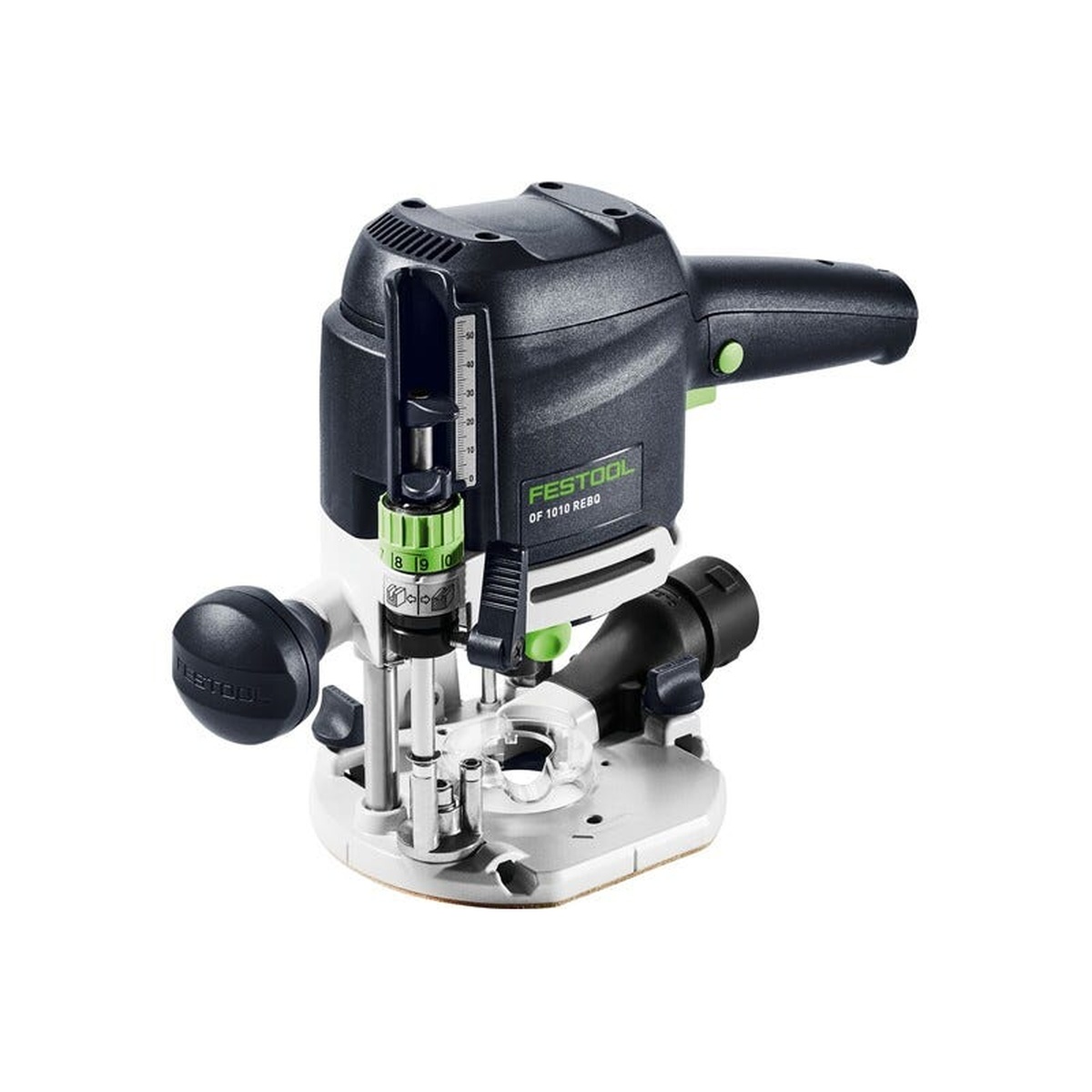 Festool 578307 OF 1010 REBQ-Set Router w/ ZS-OF 1010 I Accessory Set showing compact plunge router body, depth scale, and integrated dust extraction connection