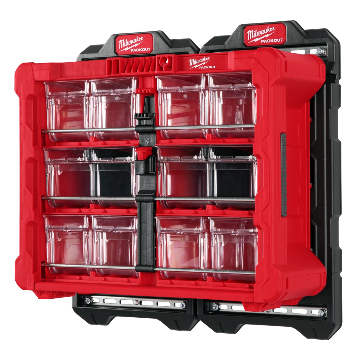 Milwaukee 48-22-8433 PACKOUT Tilt Bin Organizer secured to a PACKOUT mounting plate for wall-mounted parts storage