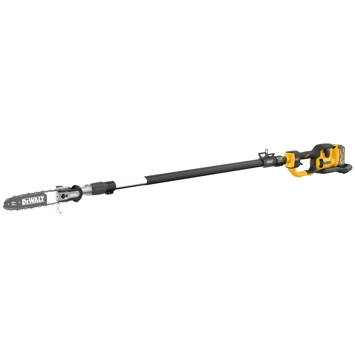 DeWALT DCPS671X1 60V MAX 10-In. 140-In. Telescoping Pole Saw Kit shown fully assembled with telescoping shaft, 10 inch bar and chain, and battery installed for overhead branch trimming work