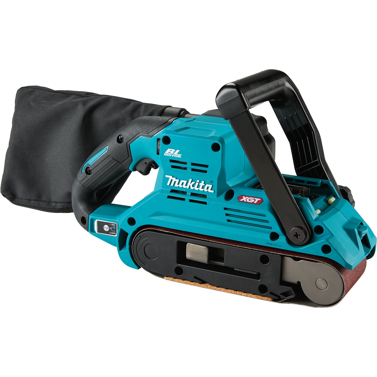 Makita GSB01Z 3 inch x 21 inch Belt Sander shown in profile with dust bag attached for cordless stock removal and surface sanding in a shop or jobsite setting