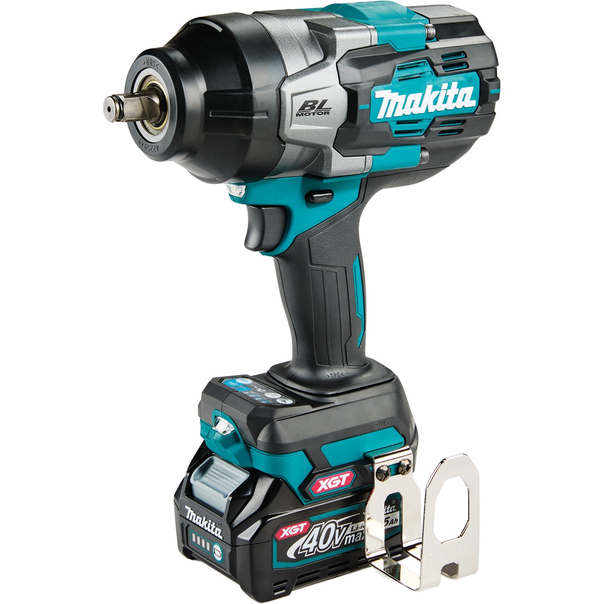 Makita GWT02D 40V max XGT Brushless Cordless 4-Speed High-Torque 1/2 inch square drive impact wrench shown with battery installed for heavy-duty fastening and bolt removal in shop or jobsite work