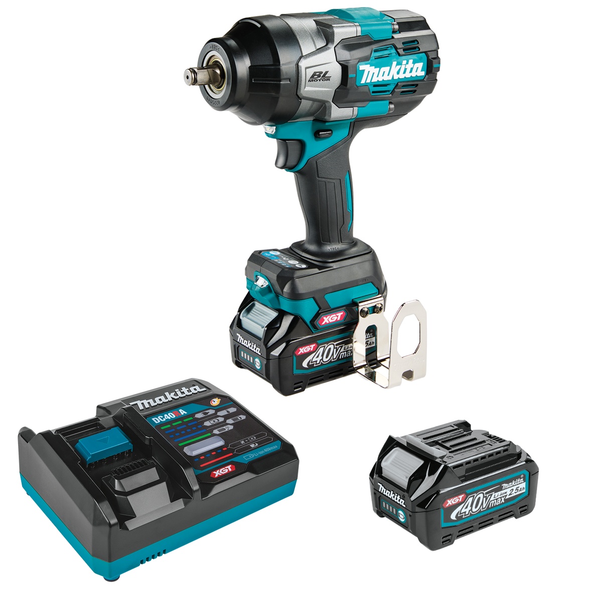Makita GWT02D 40V max XGT impact wrench kit with charger and 2.5Ah battery laid out for cordless fastening and service work in a shop or mobile truck setup