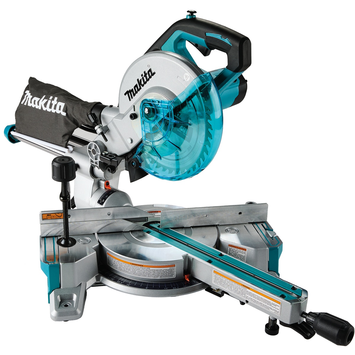 Makita LS0816F 8-1/2 inch slide compound miter saw shown on a work surface with sliding rail, dust bag, and fence system for trim cutting and finish carpentry applications