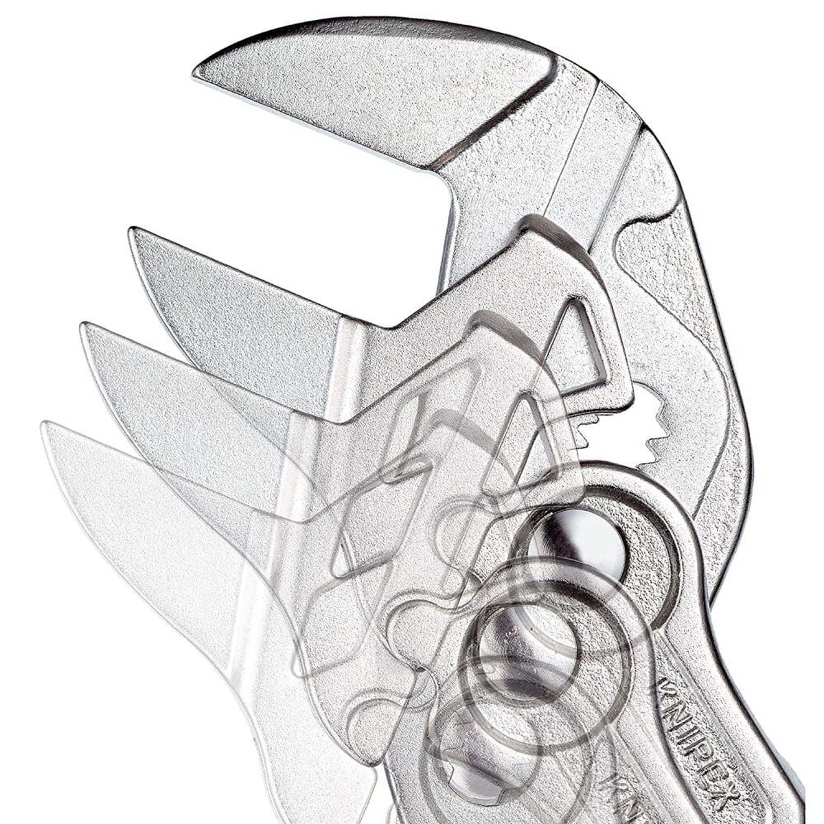 Close-up of the Knipex 86 03 250 SBA 10 in. Pliers Wrench jaw positions showing push-button adjustment range for fastening tasks