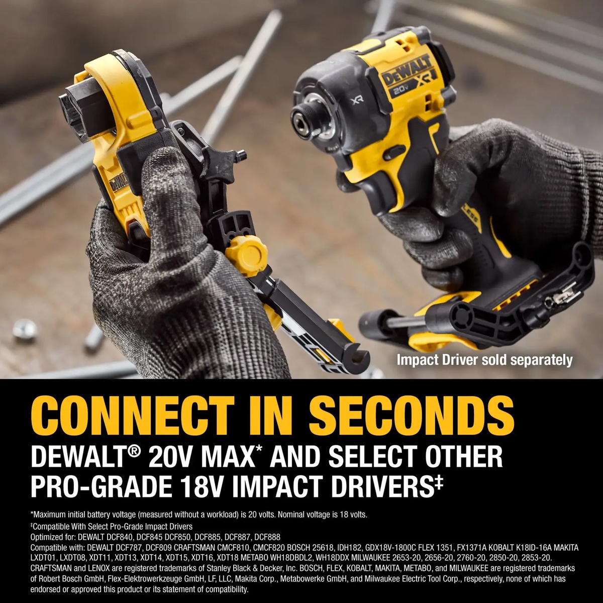 DEWALT DWANRRIR IMPACT CONNECT Nut Runner Attachment being connected to a compatible impact driver for threaded rod fastening work