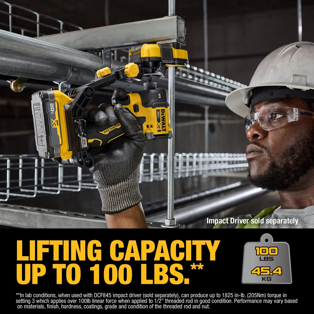 DEWALT DWANRRIR IMPACT CONNECT Nut Runner Attachment supporting overhead threaded rod and strut installation on a commercial jobsite