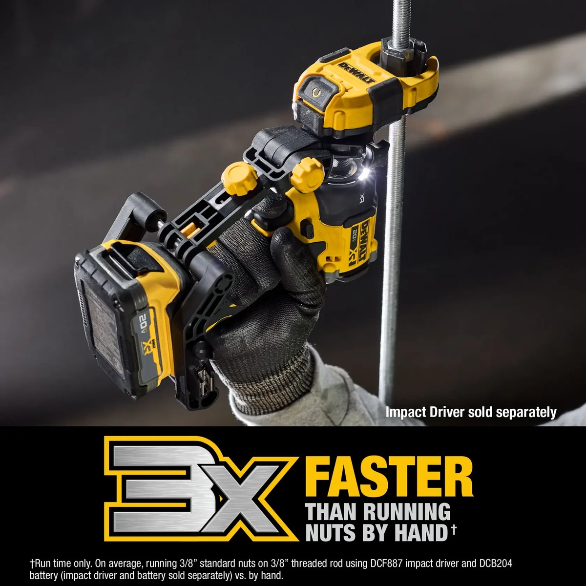 DEWALT DWANRRIR IMPACT CONNECT Nut Runner Attachment running a nut on vertical threaded rod with an impact driver during overhead support installation