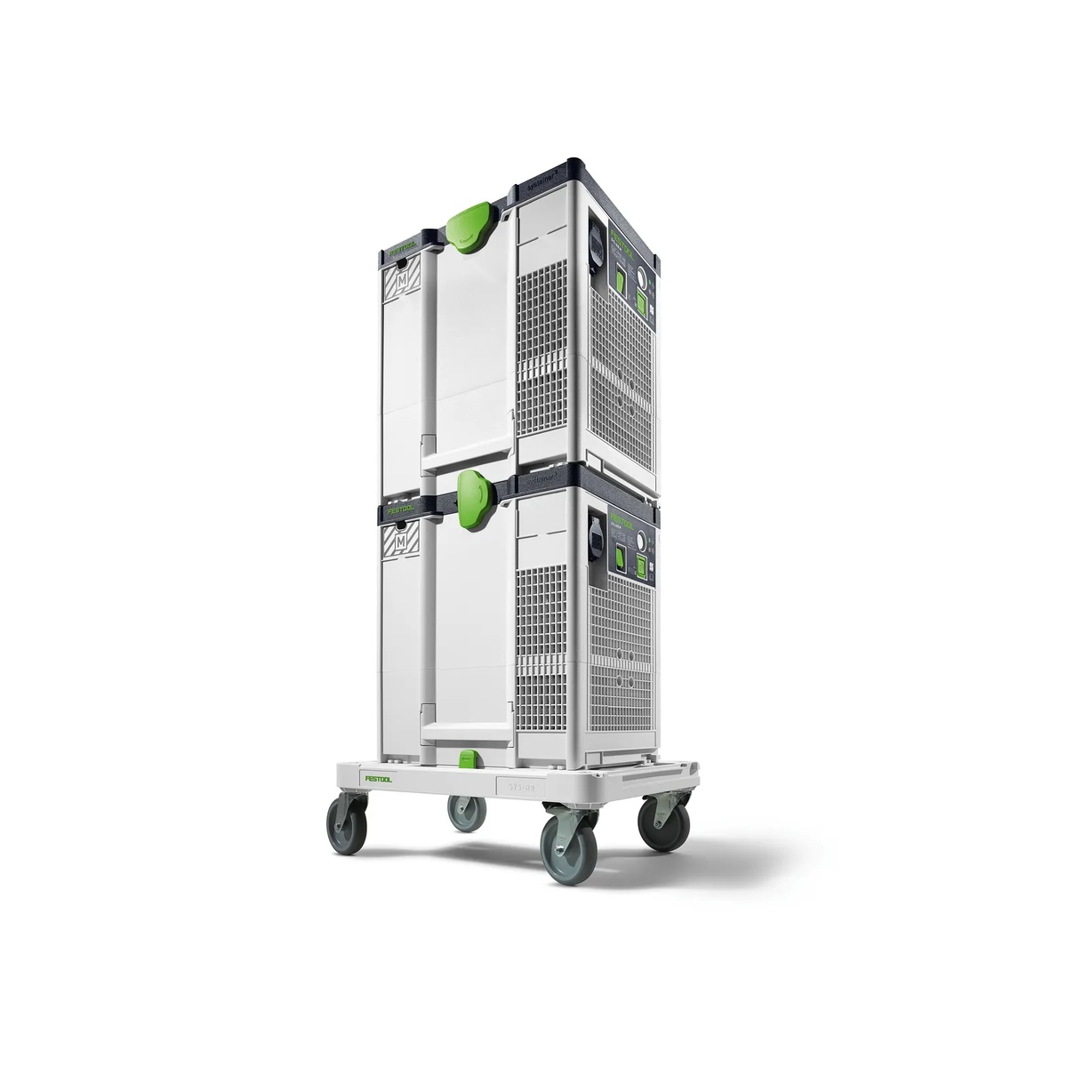 Festool SYS-AIR air filters stacked on a cart for mobile workshop and jobsite transport
