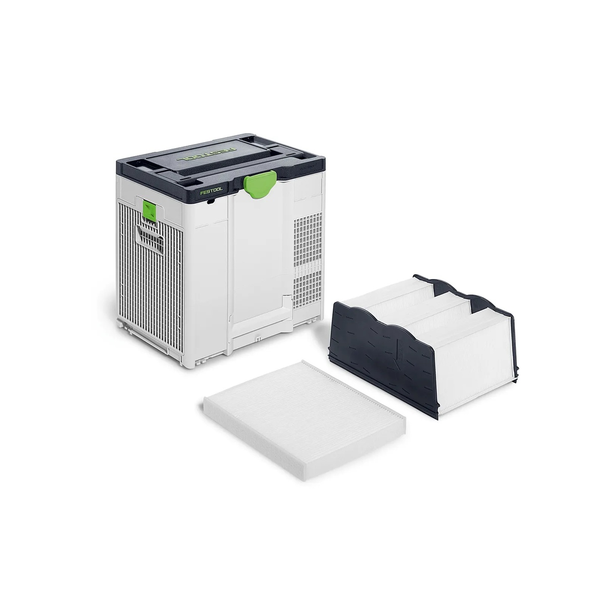 Festool SYS-AIR air filter with preliminary filter and main filter removed to show two-stage dust filtration components