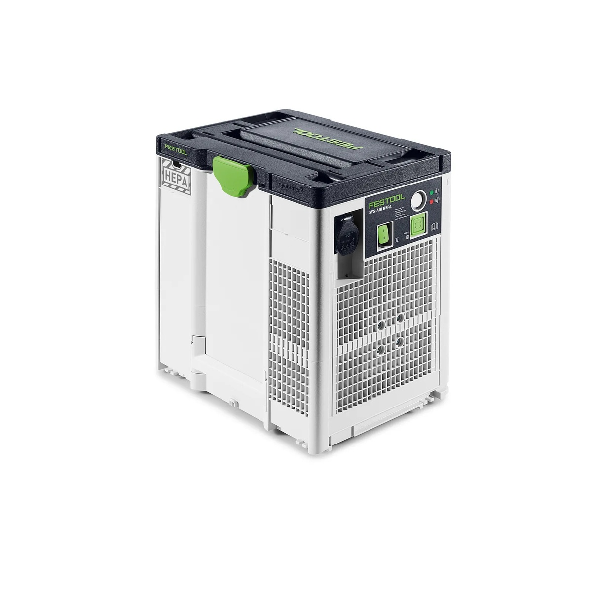 Festool 577791 Air Filter SYS-AIR HEPA control panel and side grille showing the corded workshop air filter controls and indicator lights