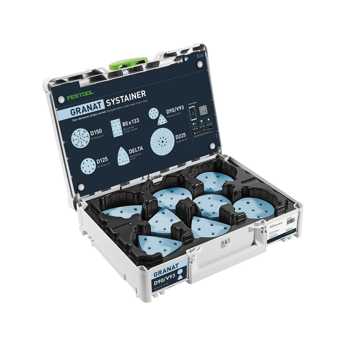 Festool 578196 Granat RO 90 / DX93 Abrasives D90 / V93 160-Piece Value Set Systainer3 open with organized GRANAT abrasives showing the round and delta sanding assortment for paint prep and finish sanding