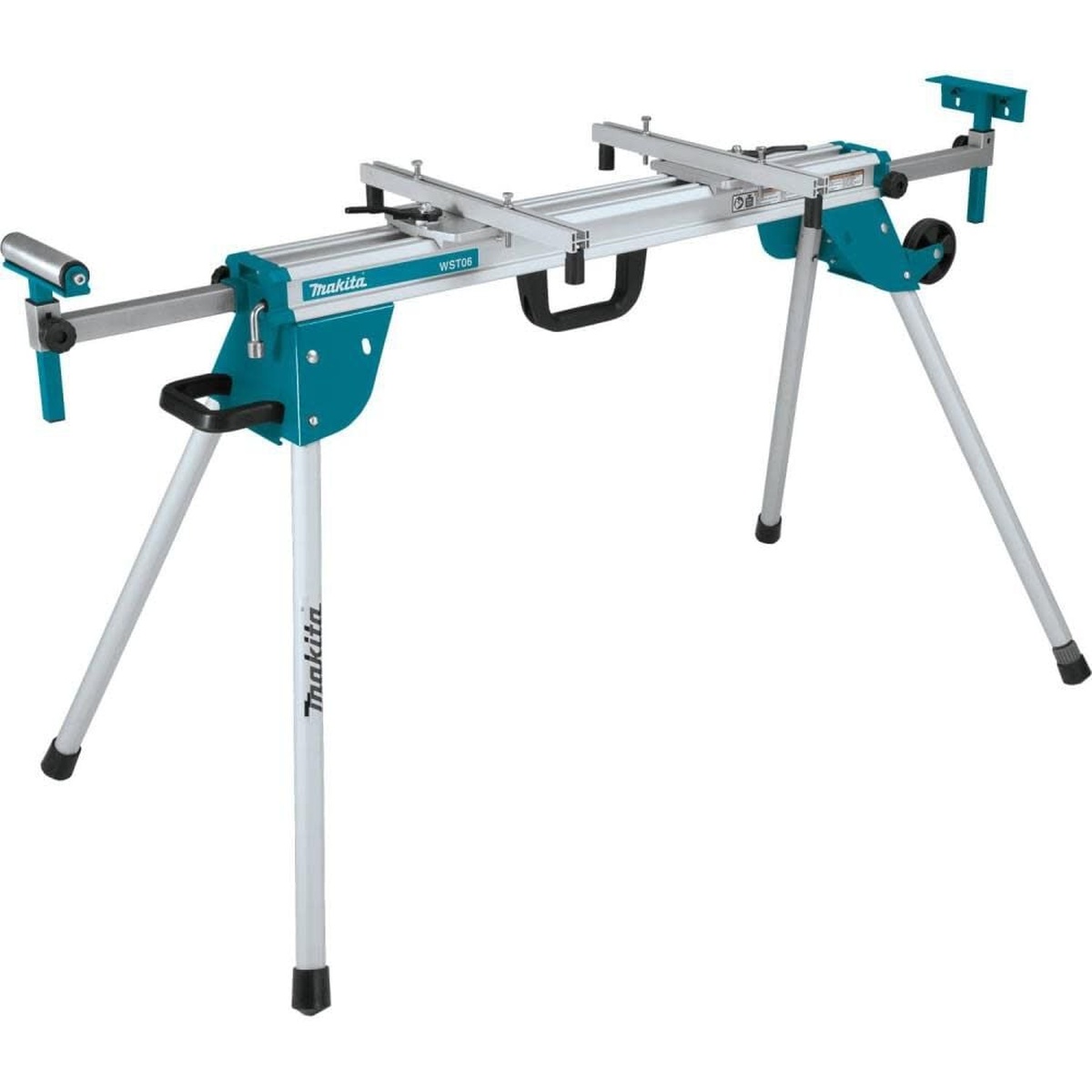 Makita compact folding miter saw stand from the bundle with extended support arms and material supports for handling long trim and stock on a jobsite