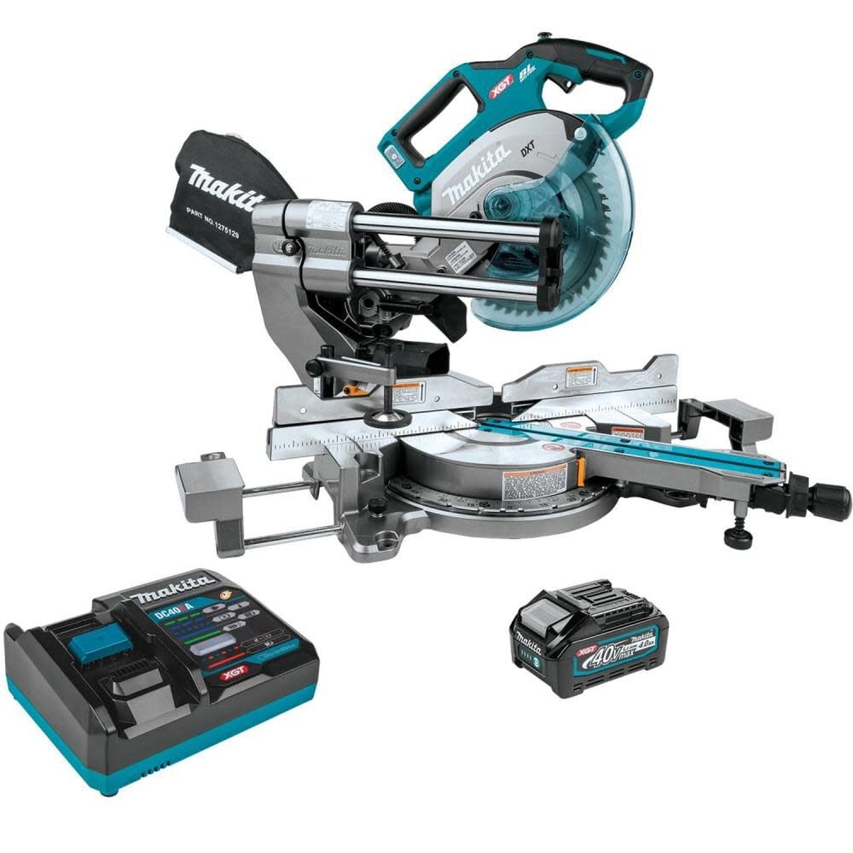 Makita 40V Max XGT Brushless Cordless 8-1/2 Inch Dual-Bevel Sliding Compound Miter Saw Kit & Compact Folding Miter Saw Stand Bundle showing the miter saw with battery and charger ready for trim and crosscut work on a jobsite