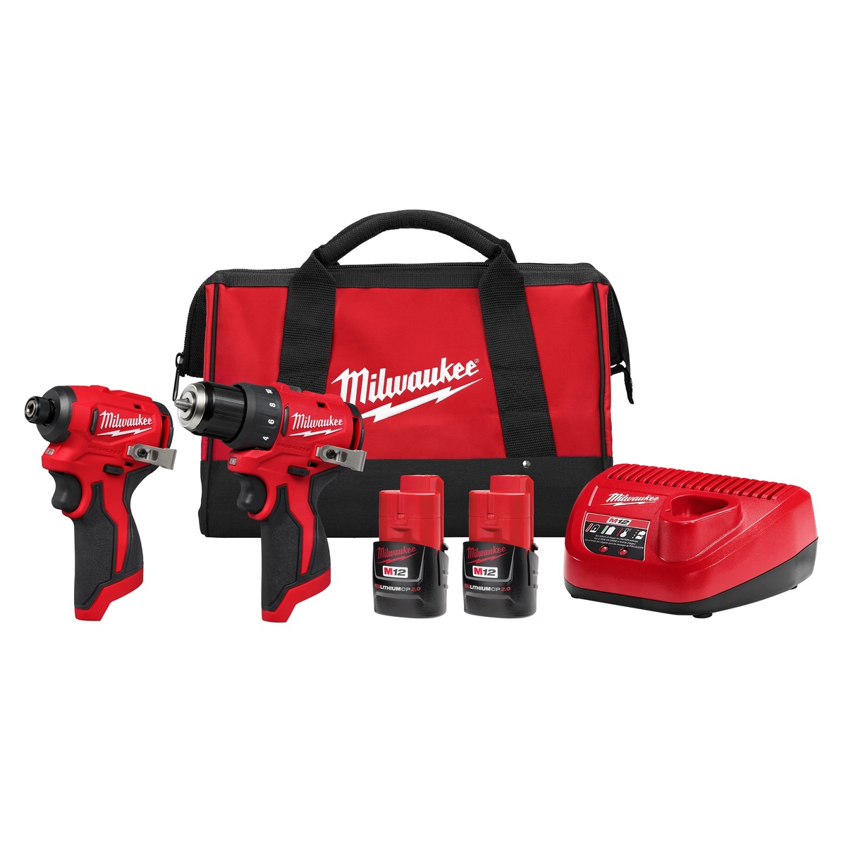 Milwaukee 3494-22 M12 Subcompact Brushless 2-Tool Combo Kit with drill, impact driver, two batteries, charger, and contractor bag on a clean background