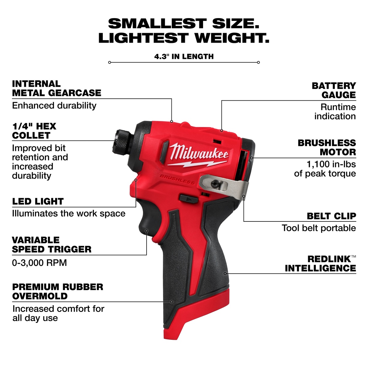 Milwaukee 3494-22 M12 Subcompact Brushless 2-Tool Combo Kit impact driver close-up showing compact body for driving fasteners in tight jobsite spaces