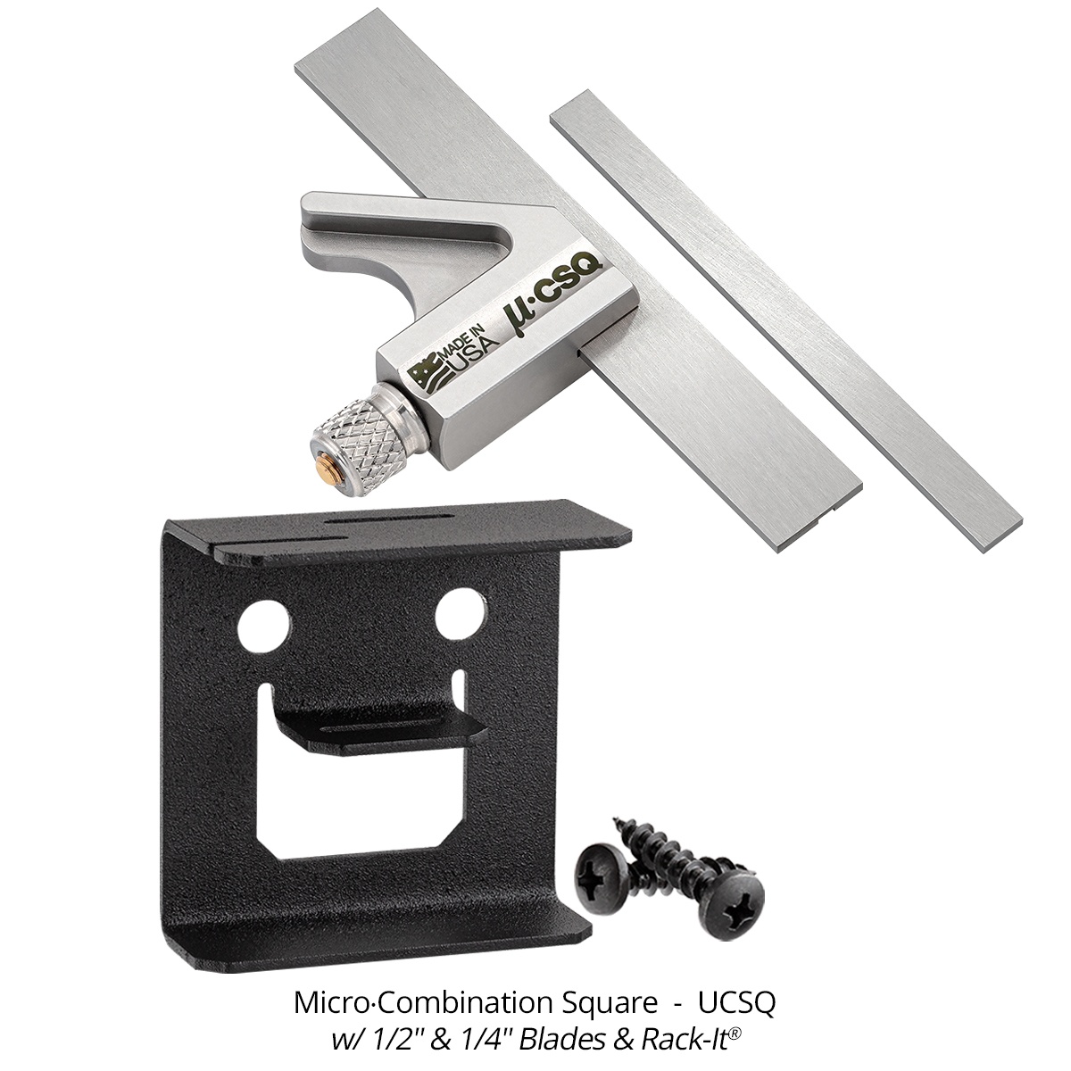 Woodpeckers Micro-Combination & Micro-Double Square Combo component view with blades and Rack-It storage bracket