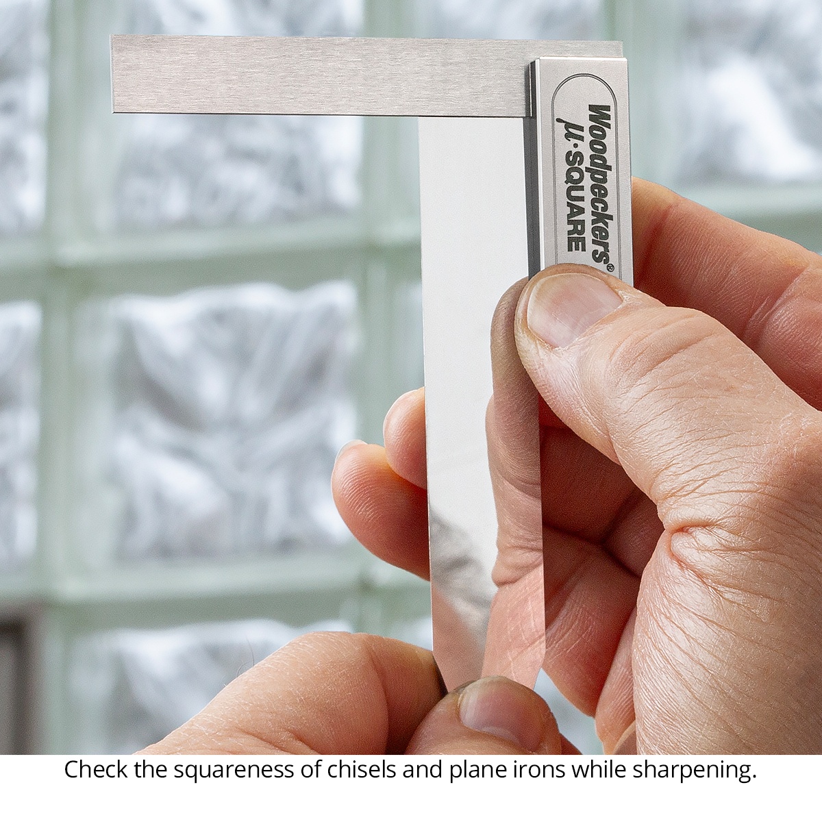 Woodpeckers Micro-Combination & Micro-Double Square Combo used to check squareness of a chisel or plane iron during sharpening