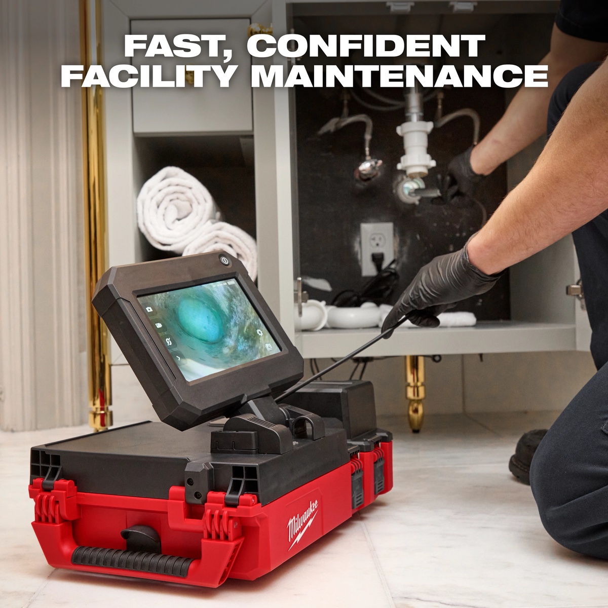 Milwaukee 3154-20 M12 75' Drain Camera w/ PACKOUT Compatibility being used under a sink to inspect a residential drain line during plumbing service