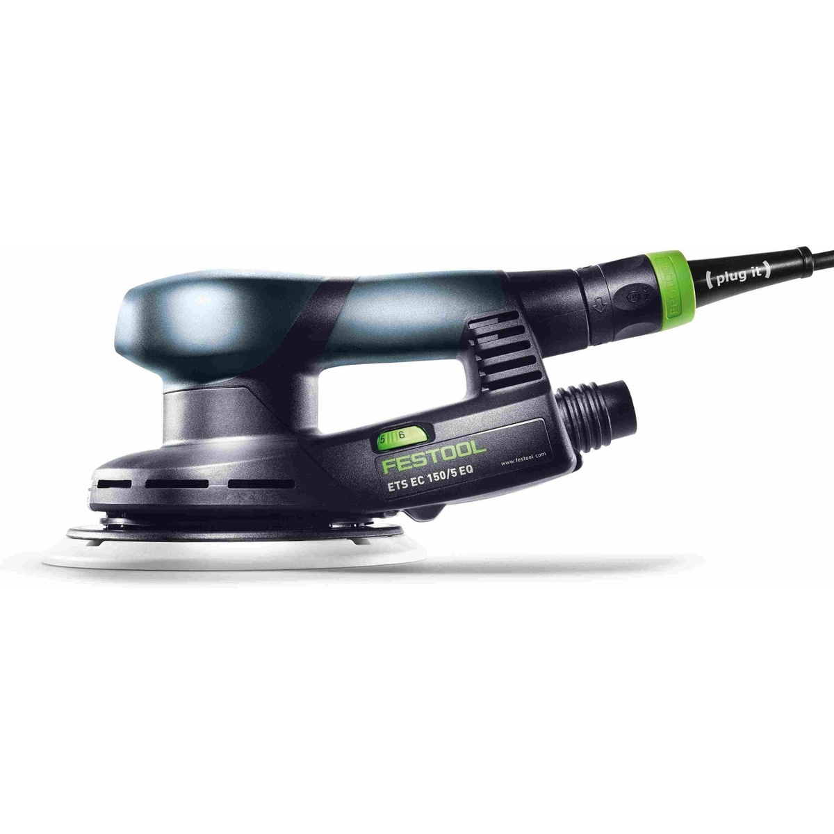 Close-up of the Festool ETS EC 150/5 EQ compact finish sander showing the low-profile body, speed control, and dust port