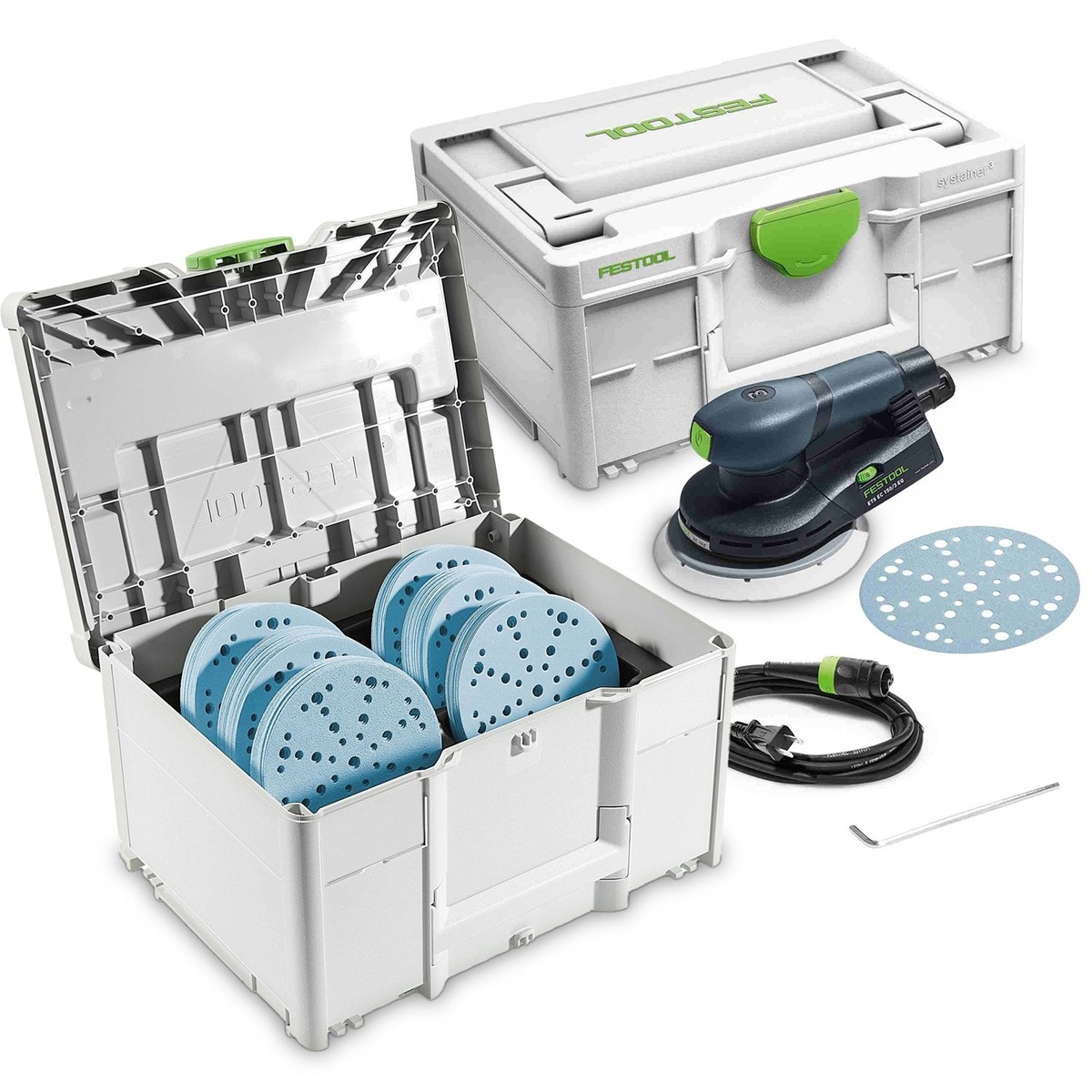 Festool ETS EC 150/3 EQ 150mm compact finish sander set with Systainer, Plug-It cord, abrasive discs, and accessories on a clean background